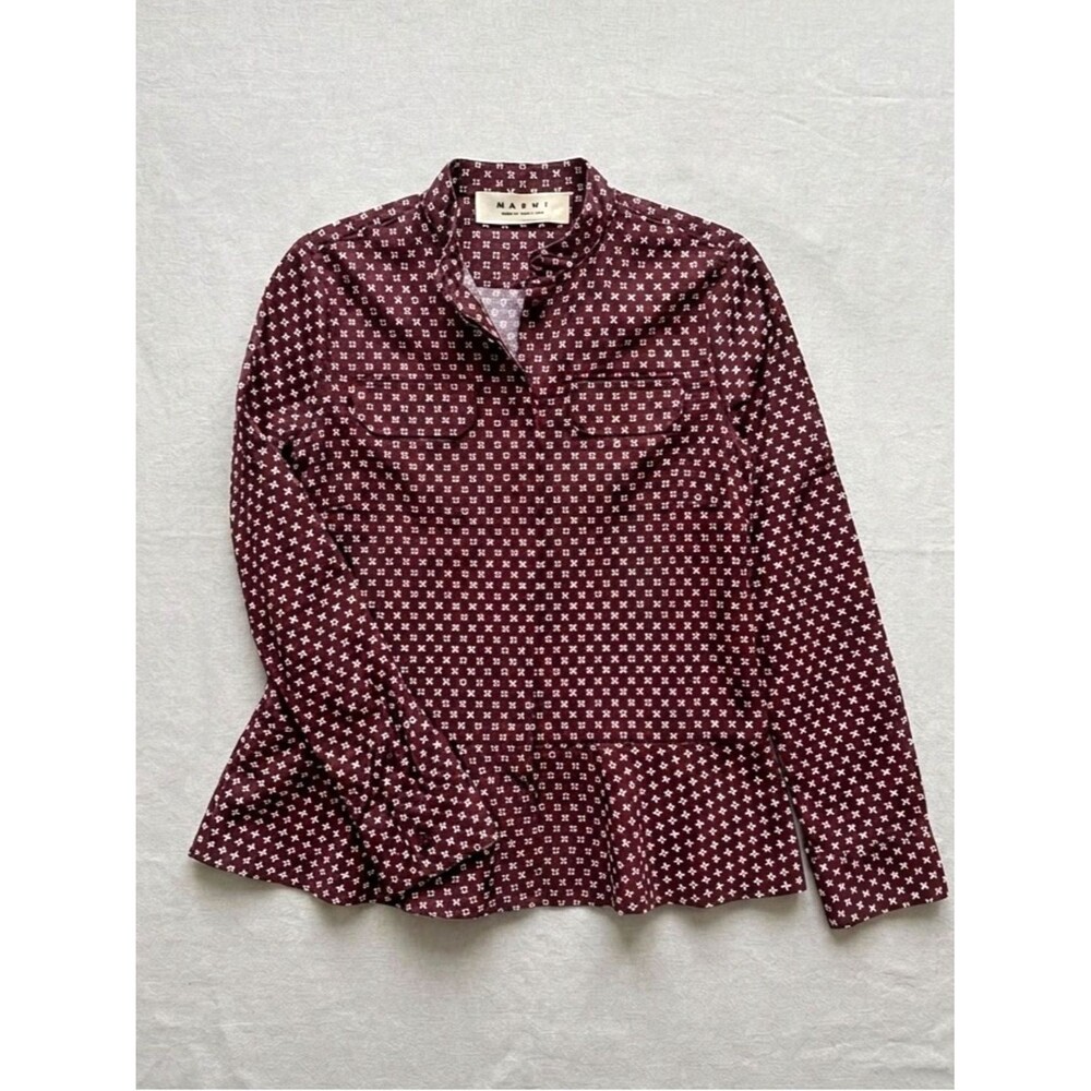 MARNI Peplum Hem Cotton Button Down Dress Shirt Blouse Womens 6 Mod Print Preppy